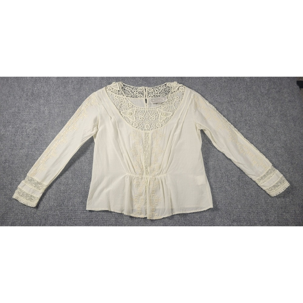 Beyond Vintage Ivory Crochet Lace Embroidered Long Sleeve Blouse XS